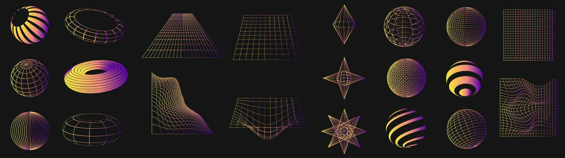 Big set of wireframe shapes. Cyber neo futuristic grids, 3d mesh objects and shapes. Wireframe wavy geometric perspective ball, sphere, rhombus, oval, grid, . 80s cyberpunk elements, vector set.