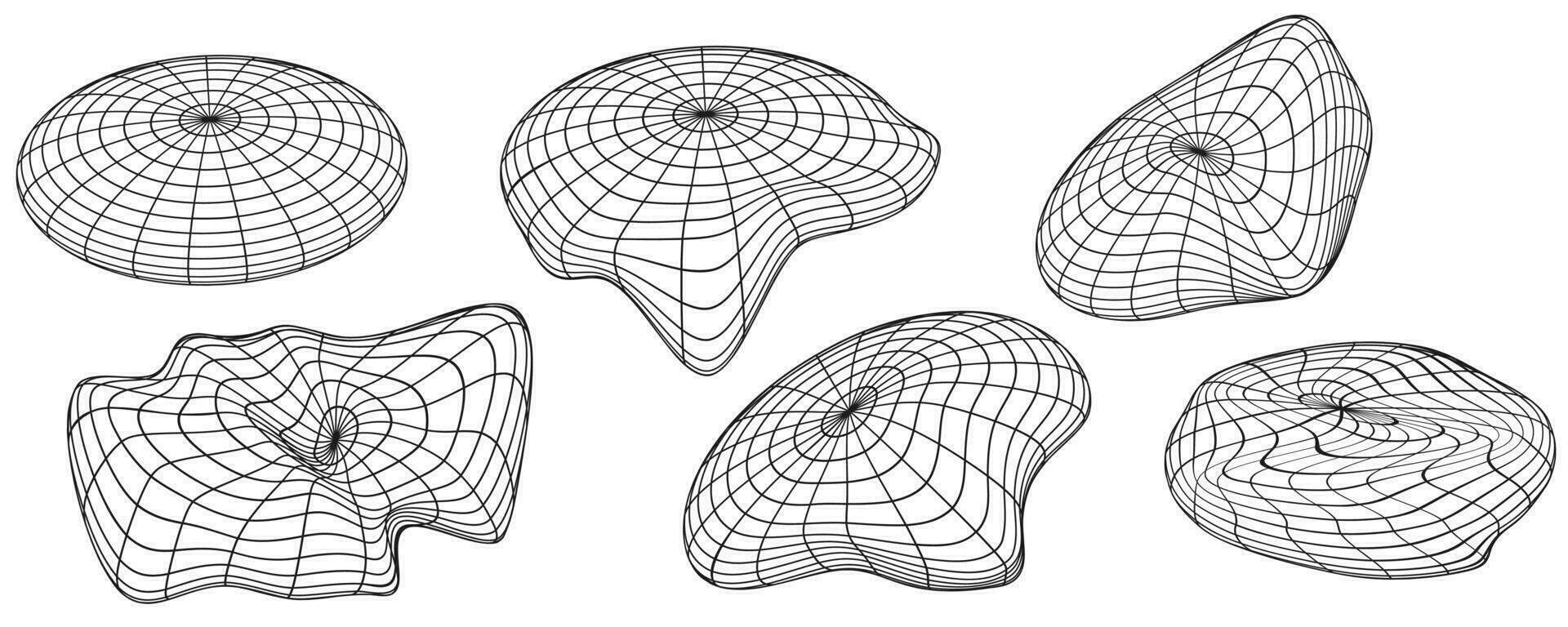 conjunto oval forma pegatinas con diferente lineal formar inspirado por brutalismo, cyberpunk colección extraño wireframes vector 3d geométrico formas, distorsión y transformación de cifra, diseño elementos