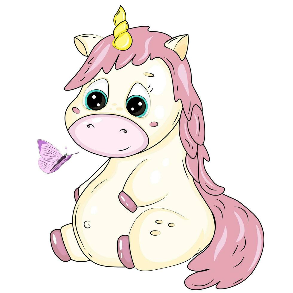 linda dibujos animados unicornio con mariposa vector