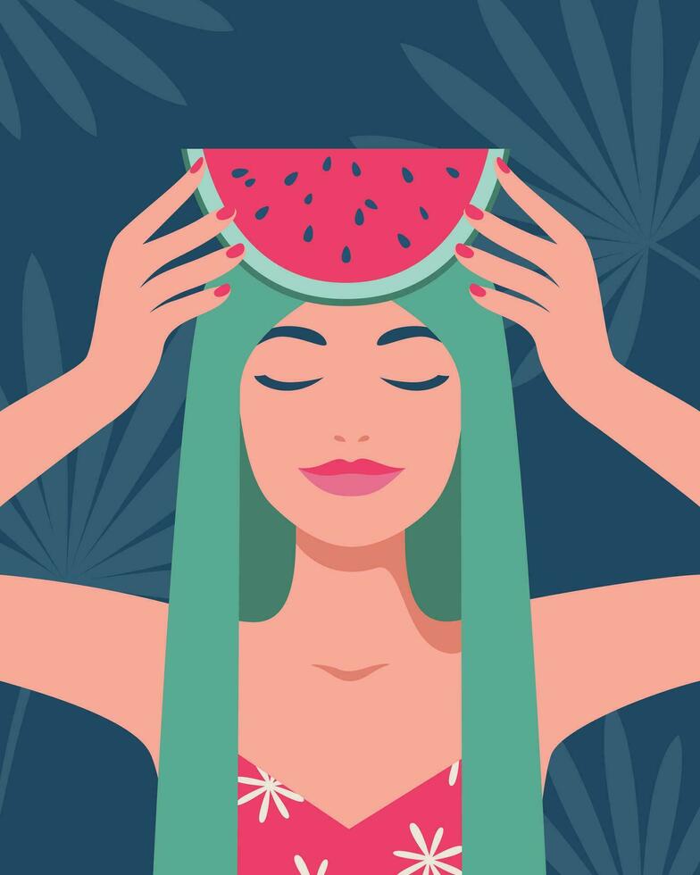 Summer time, vacation, sea. Portrait of a woman with a piece of watermelon and tropical leaves on the background. Vector illustration in a minimalistic style for posters, covers, banners