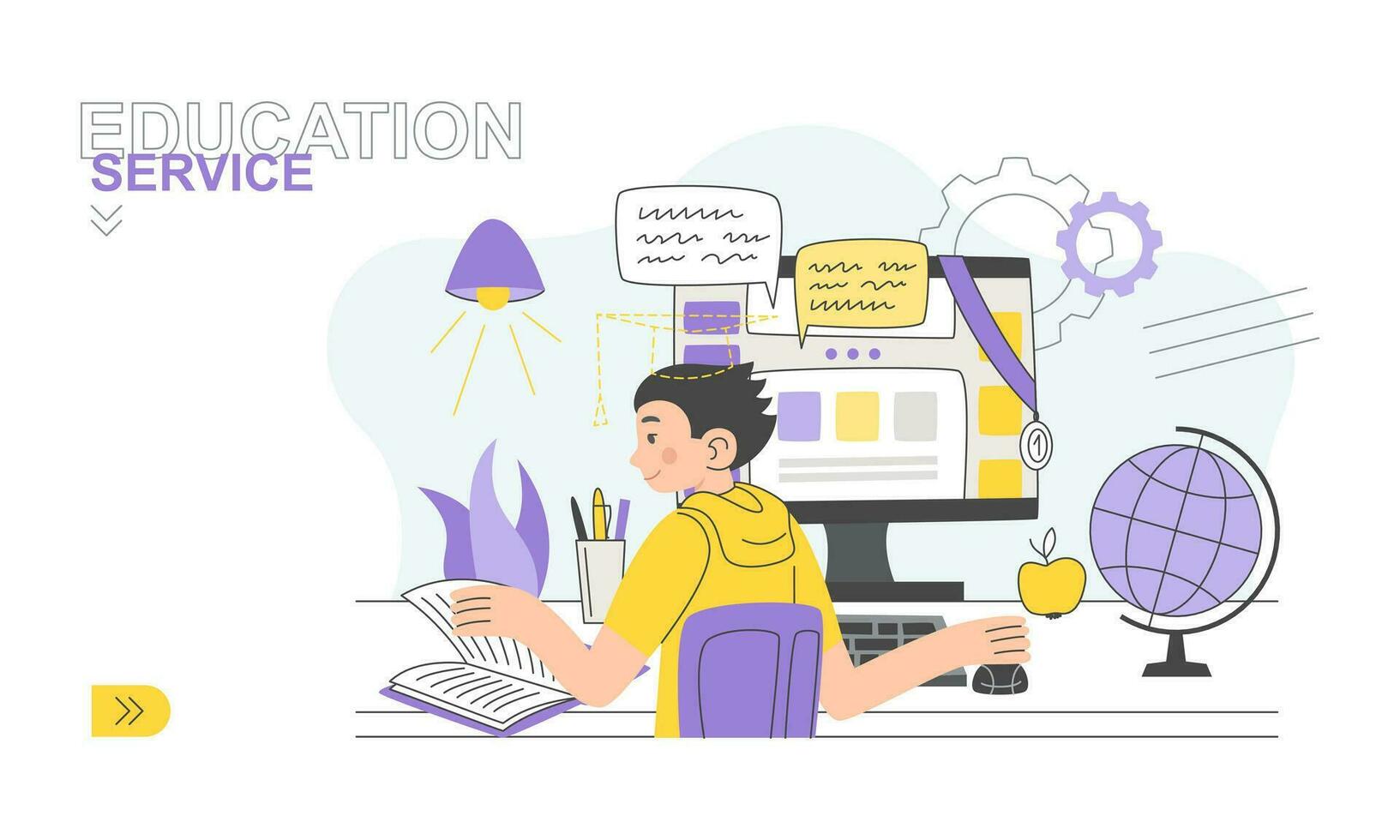 Online education modern flat design. Education service. Landing page template. The student is learning. Vector illustration for web and graphic design.