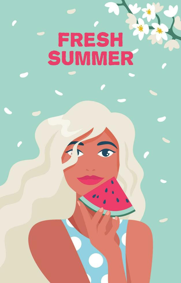 Fresco verano. verano tiempo, vacaciones, mar. mujer con rebanadas de sandía. vector ilustración en un minimalista estilo, póster