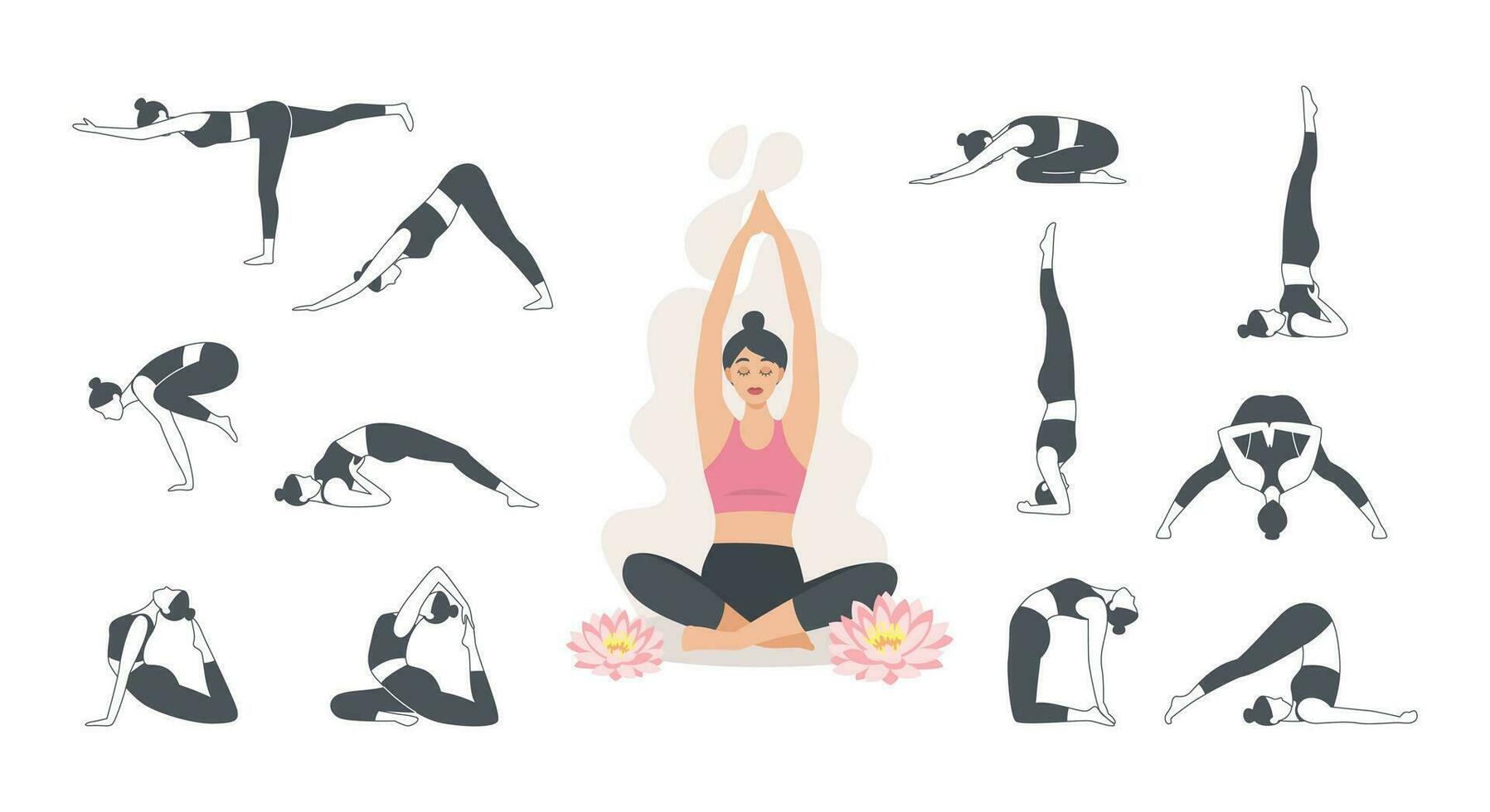 conjunto de deportivo joven mujer haciendo yoga. sano estilo de vida. vector colección de hembra caracteres demostrando diferente yoga posiciones aislado en blanco antecedentes