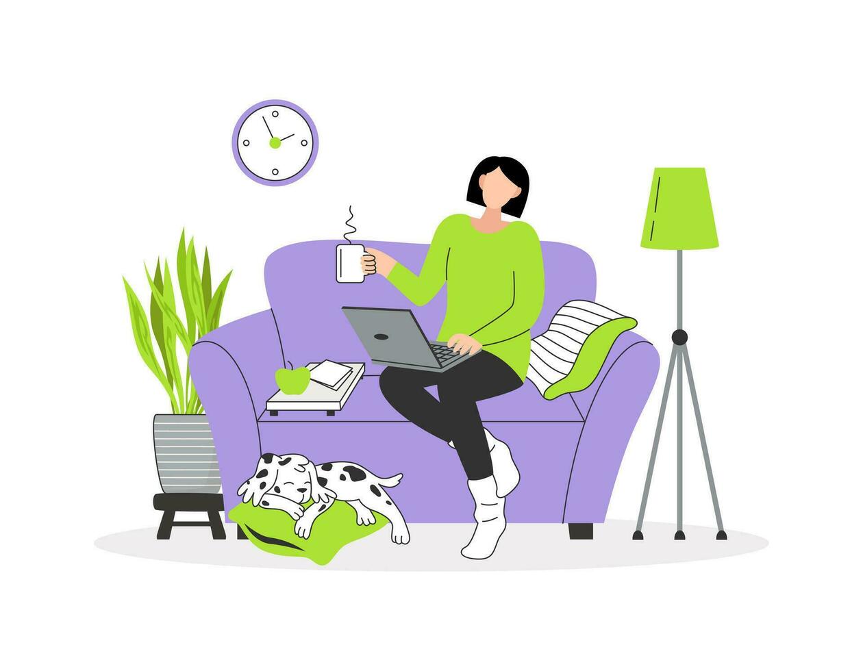Online education or work from home concept. The girl is sitting on the sofa with a laptop and drinking hot tea. Online courses, freelancing, e-learning. Vector isolated flat illustration