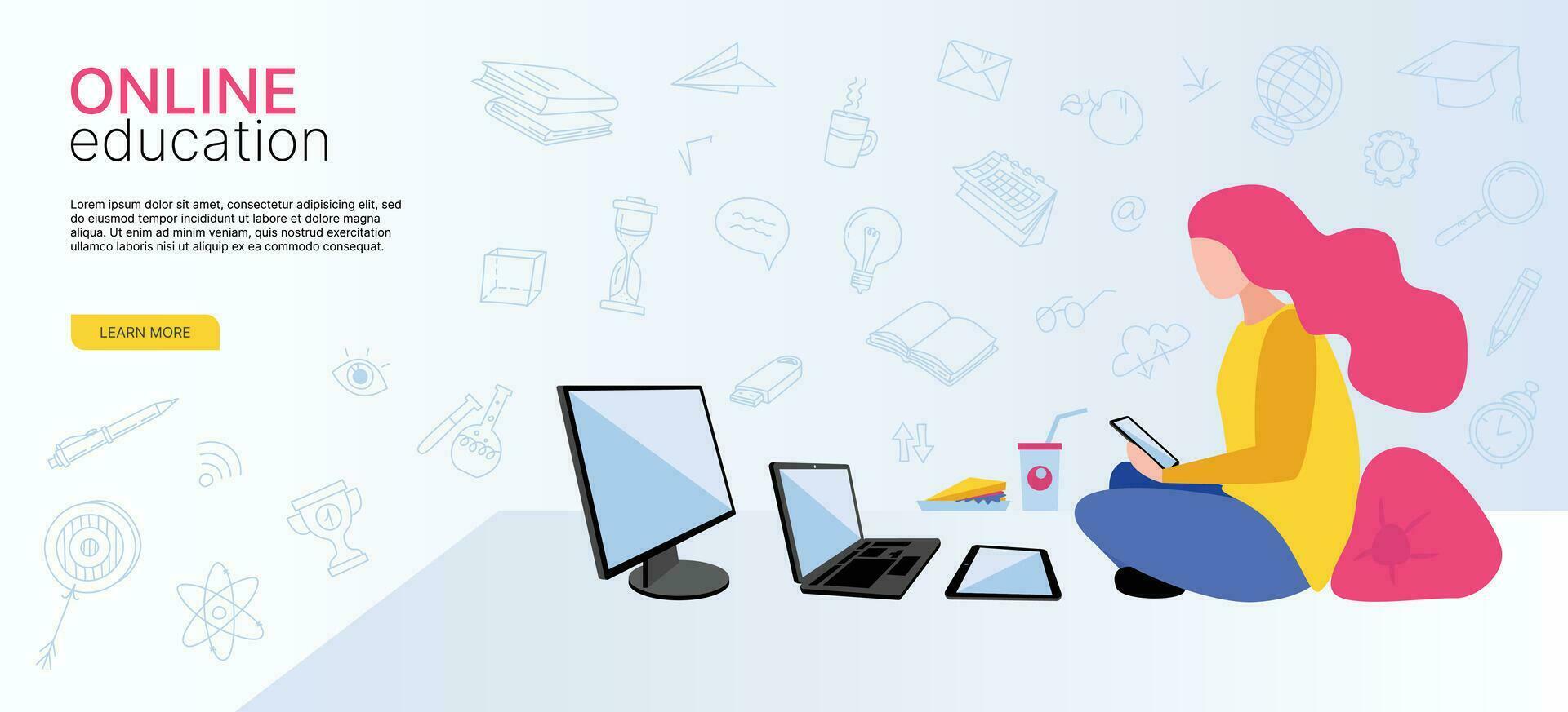 Online education at home using gadgets. Laptop, Computer, Tablet, Smartphone. Flat style, doodle style. Banner for the website. Vector illustration