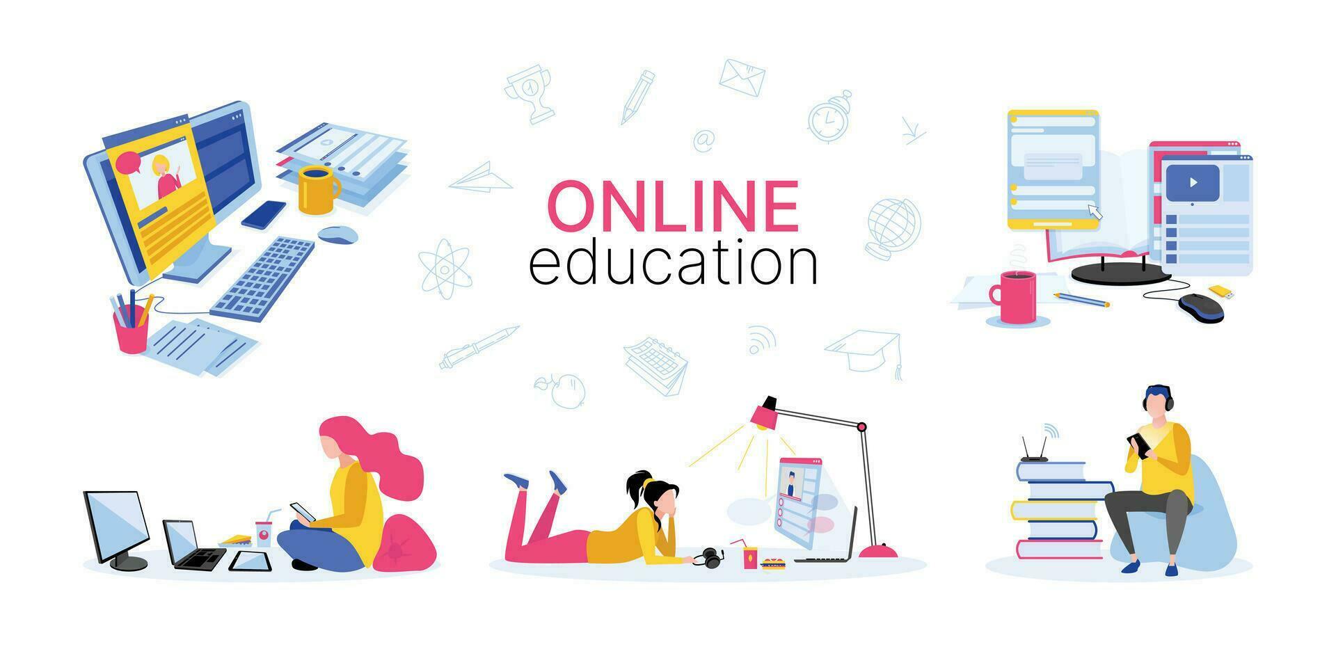 Set of vector compositions for online homeschooling. Men, women, computers, the Internet. Vector illustration for website.