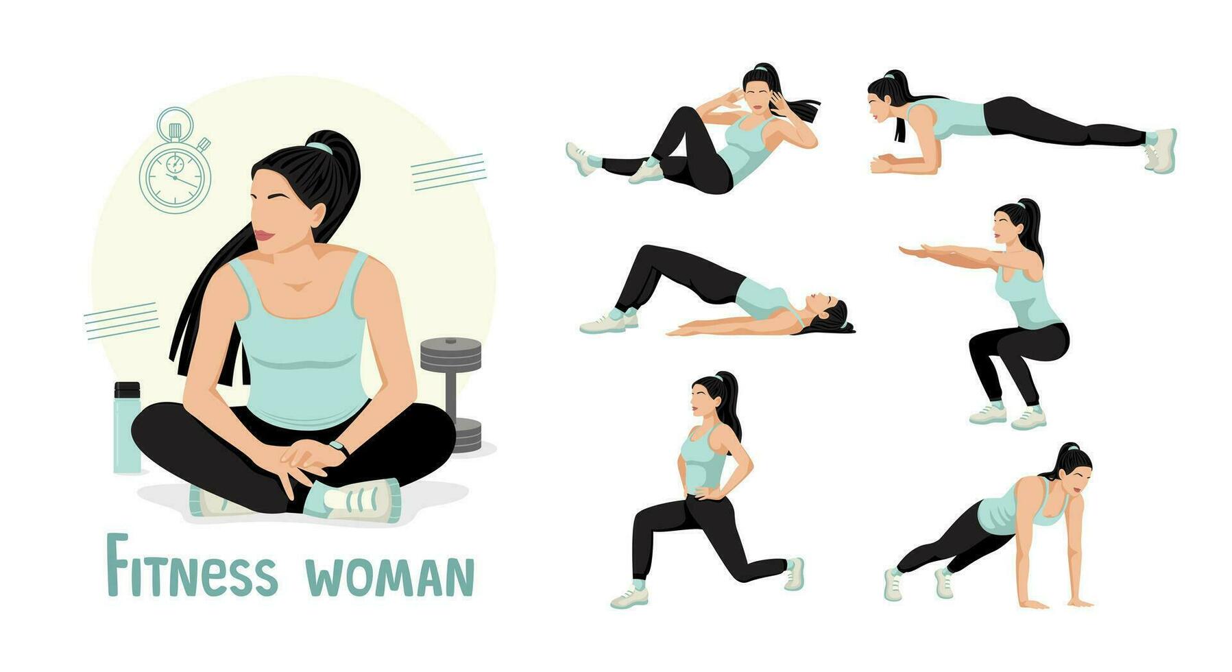 conjunto de entrenamientos para mujer. aptitud clases estocadas, Lagartijas, sentadillas, tablón. cuerpo ejercicio. el concepto de un activo y sano vida. vector ilustración aislado en blanco antecedentes