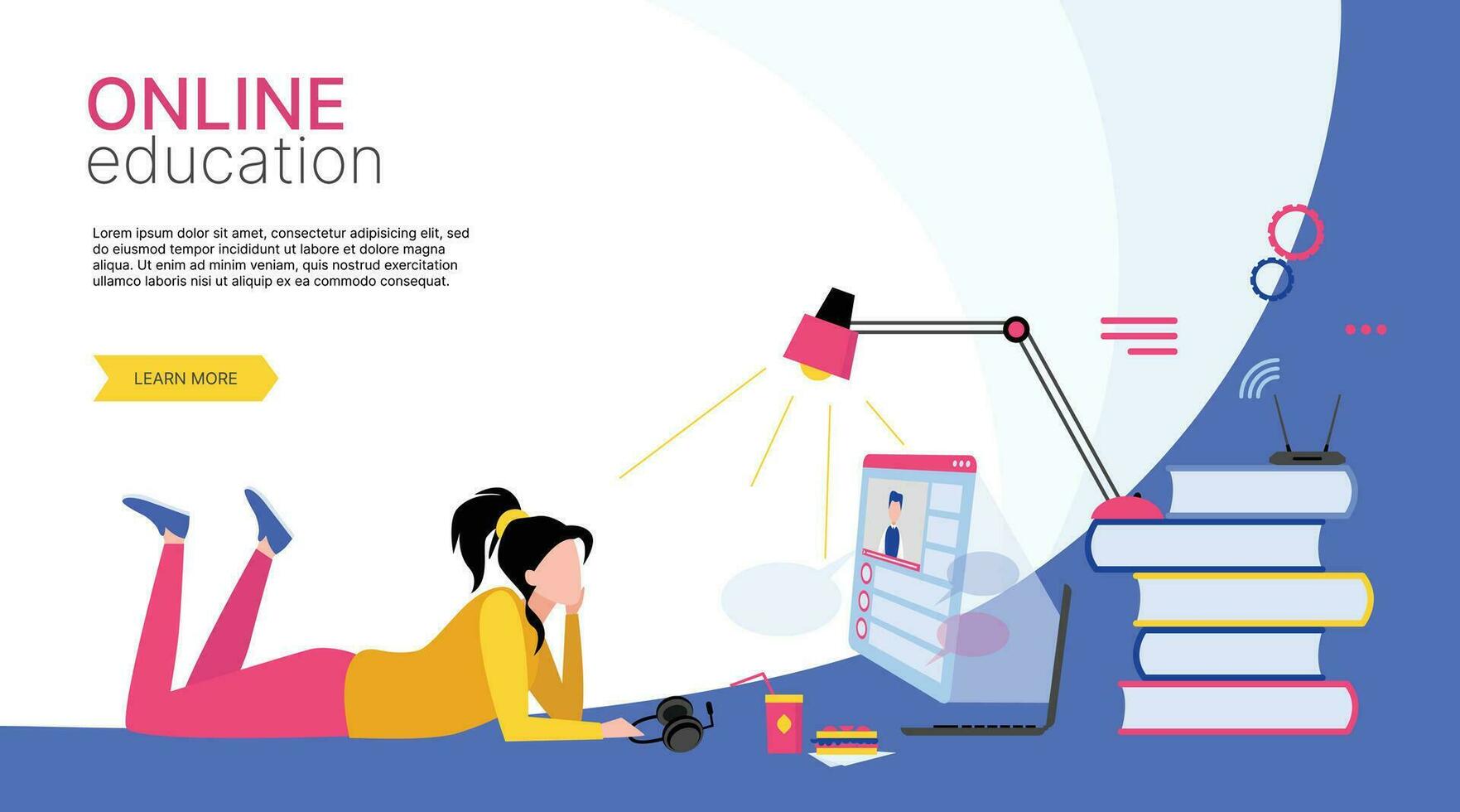 Online teaching of students at home. The character lies and looks at the laptop and studies. Online education concept. Flat isometric vector illustration.