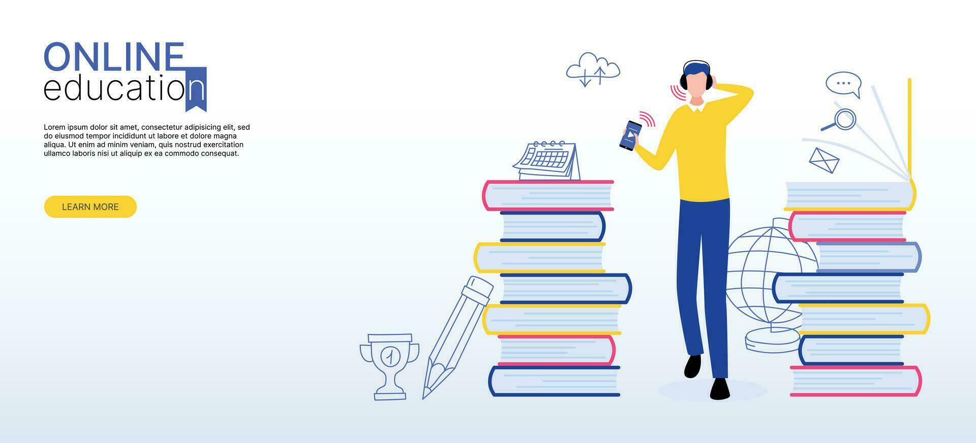 Online learning concept. A student in headphones and with a smartphone in his hand walks through the corridor of books. Vector flat illustration