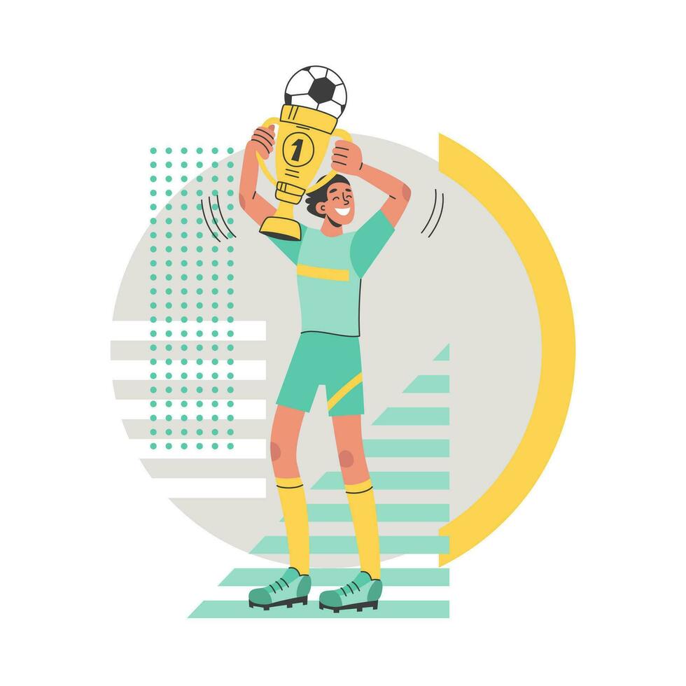 Football. Football soccer player man holds an award, cup. Victory. Vector flat illustration isolated on white background