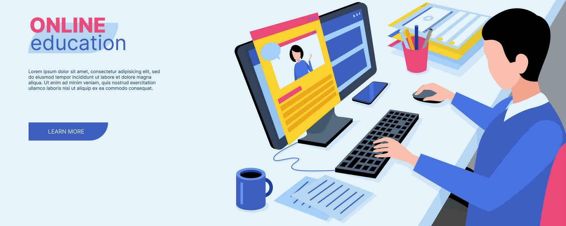 Online learning concept. A man is sitting at a computer. Vector web banner