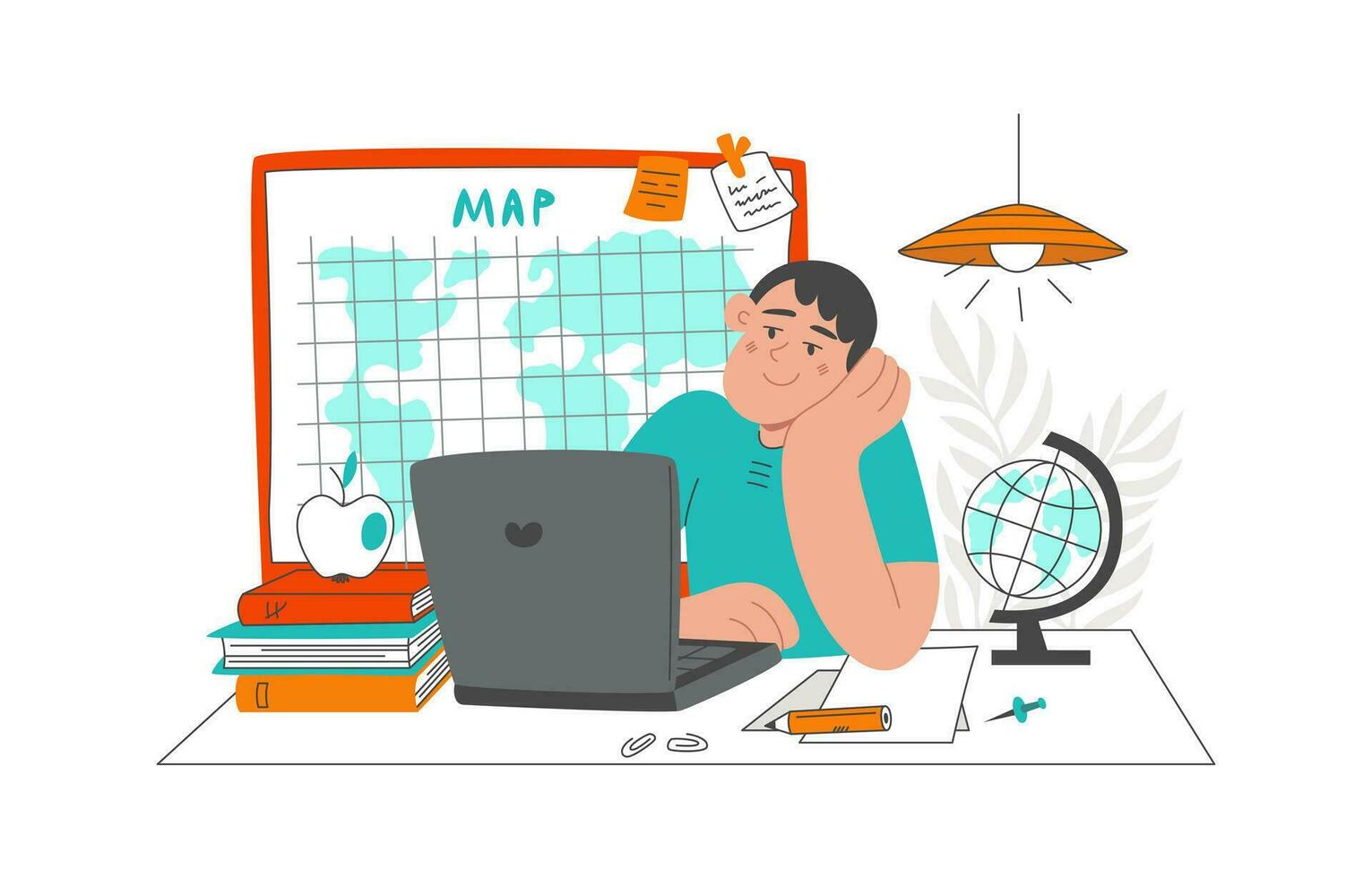 Teaching students online at home. The character is looking at a laptop and studying. The concept of online education, internet courses. Vector illustration