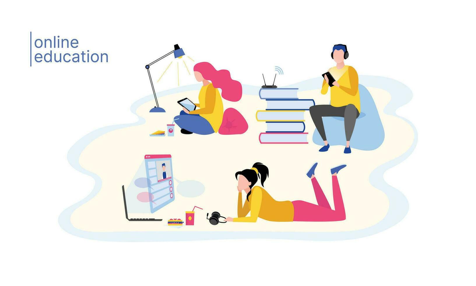 Set of distance online education at home. Through a smartphone, computer, monitor. Flat vector illustration