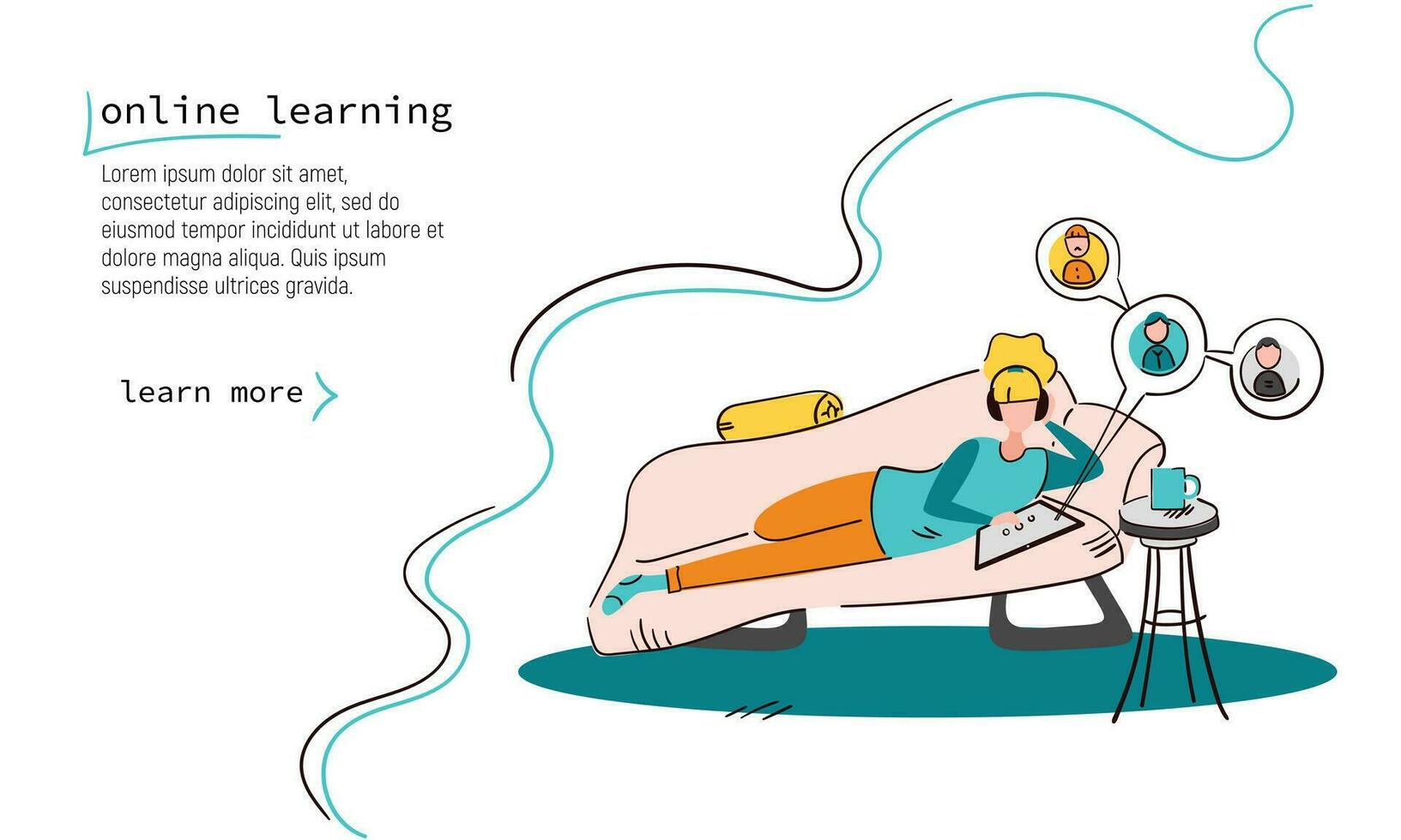 Online learning, flat doodle style. The woman sits at home and works or studies over the Internet. Distance learning concept. Vector linear illustration.