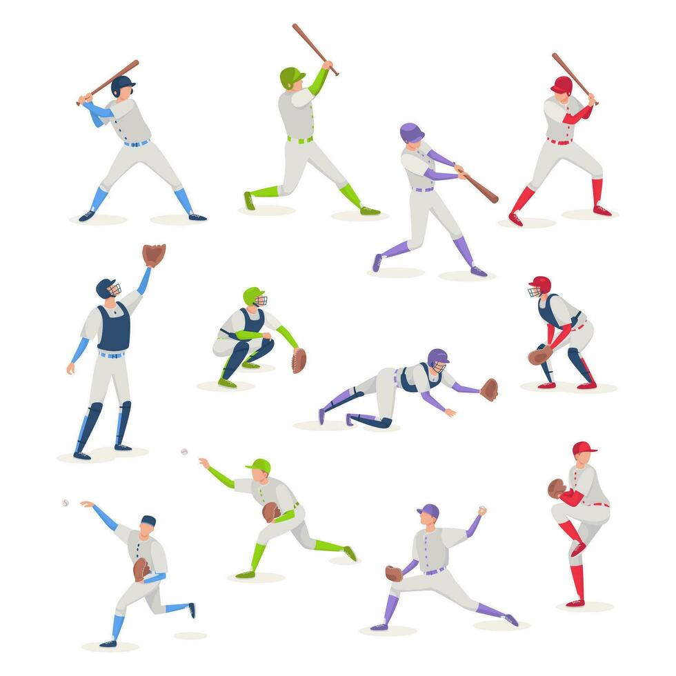 Vector flat set of baseball players in different poses. Softball team isolated illustration on white background