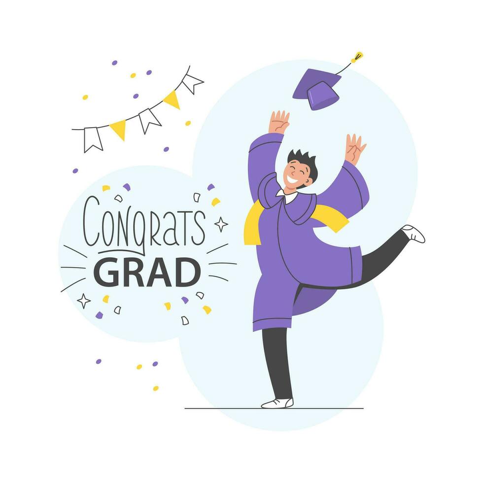Happy student celebrating graduation, tossing graduate hat. vector