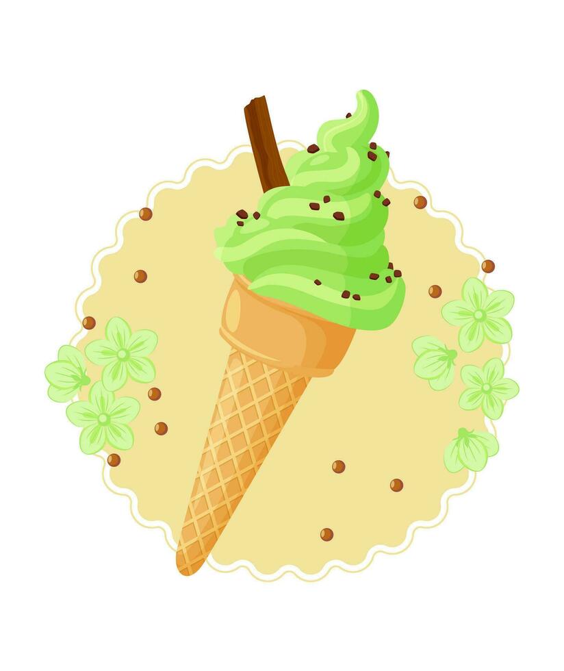 Green ice cream in a cone with flowers. Isolated vector cartoon illustration