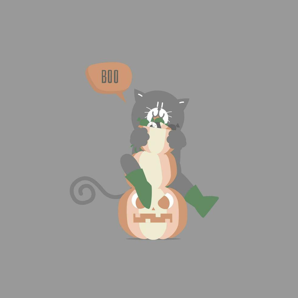 happy halloween holiday festival with cute black cat, pumpkin, and candy, flat vector illustration cartoon character design