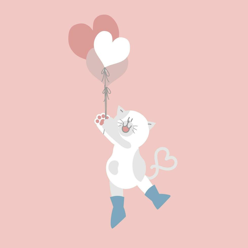 cute and lovely cat and heart balloons, happy valentine's day, birthday, love concept, flat vector illustration cartoon character design isolated