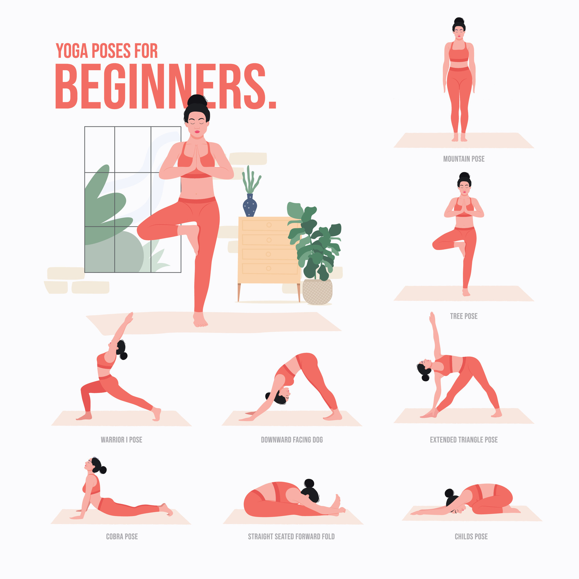 Yoga poses For Beginners. Young woman practicing Yoga pose. Woman workout  fitness, aerobic and exercises 25660347 Vector Art at Vecteezy