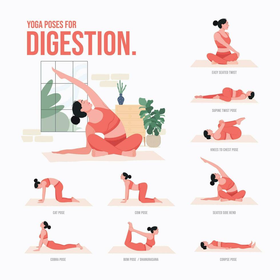 yoga poses para digestión. joven mujer practicando yoga pose. mujer rutina de ejercicio aptitud física, aerobio y ejercicios vector