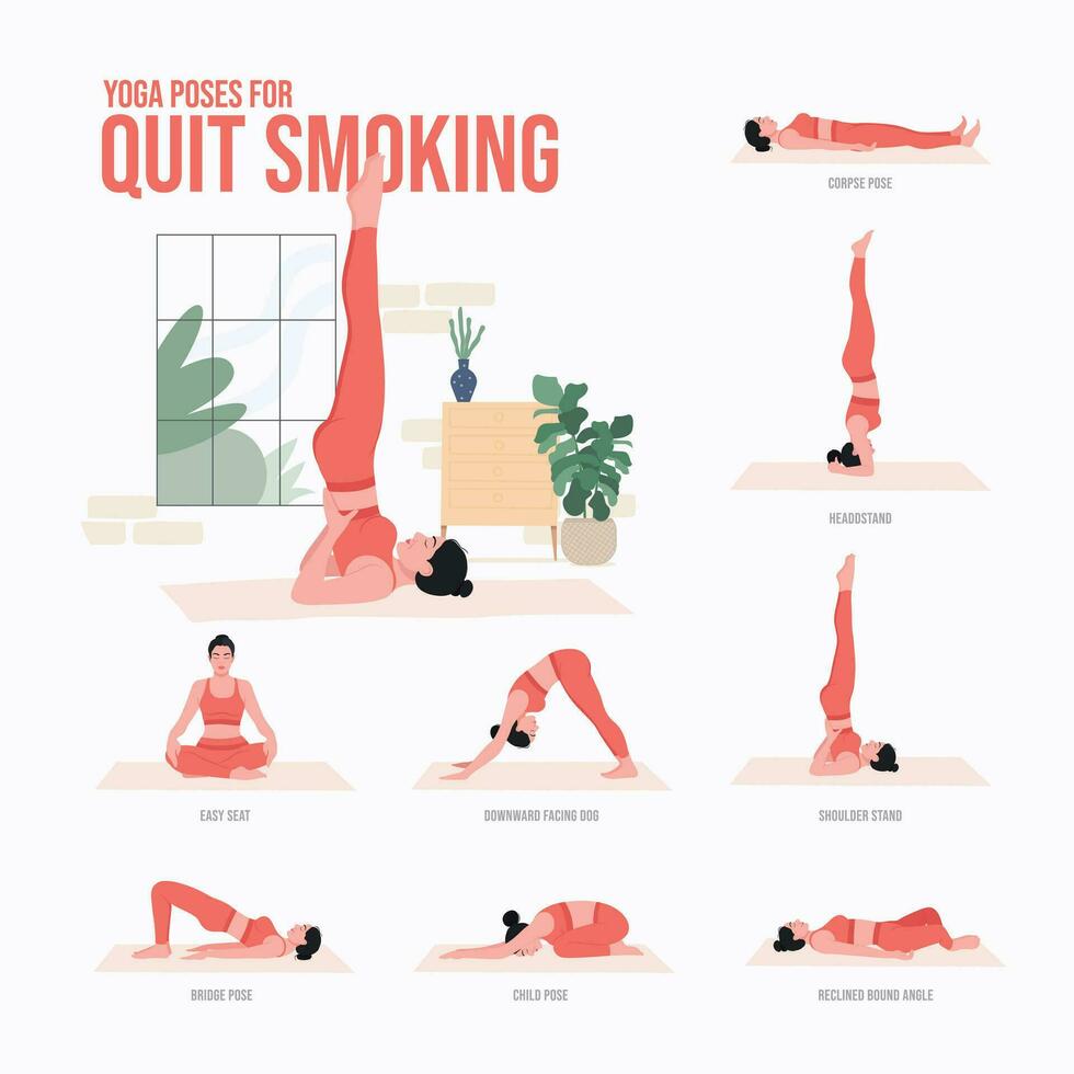 Yoga poses for Quit Smoking. Young woman practicing Yoga pose. Woman workout fitness, aerobic and exercises vector