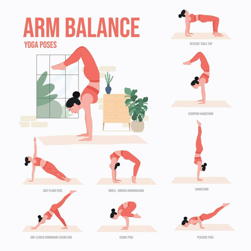 Arm Balance Yoga poses. Young woman practicing Yoga pose. Woman workout fitness, aerobic and exercises vector