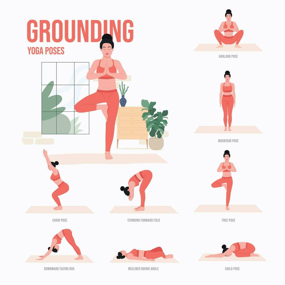 toma de tierra yoga posa joven mujer practicando yoga pose. mujer rutina de ejercicio aptitud física, aerobio y ejercicios vector