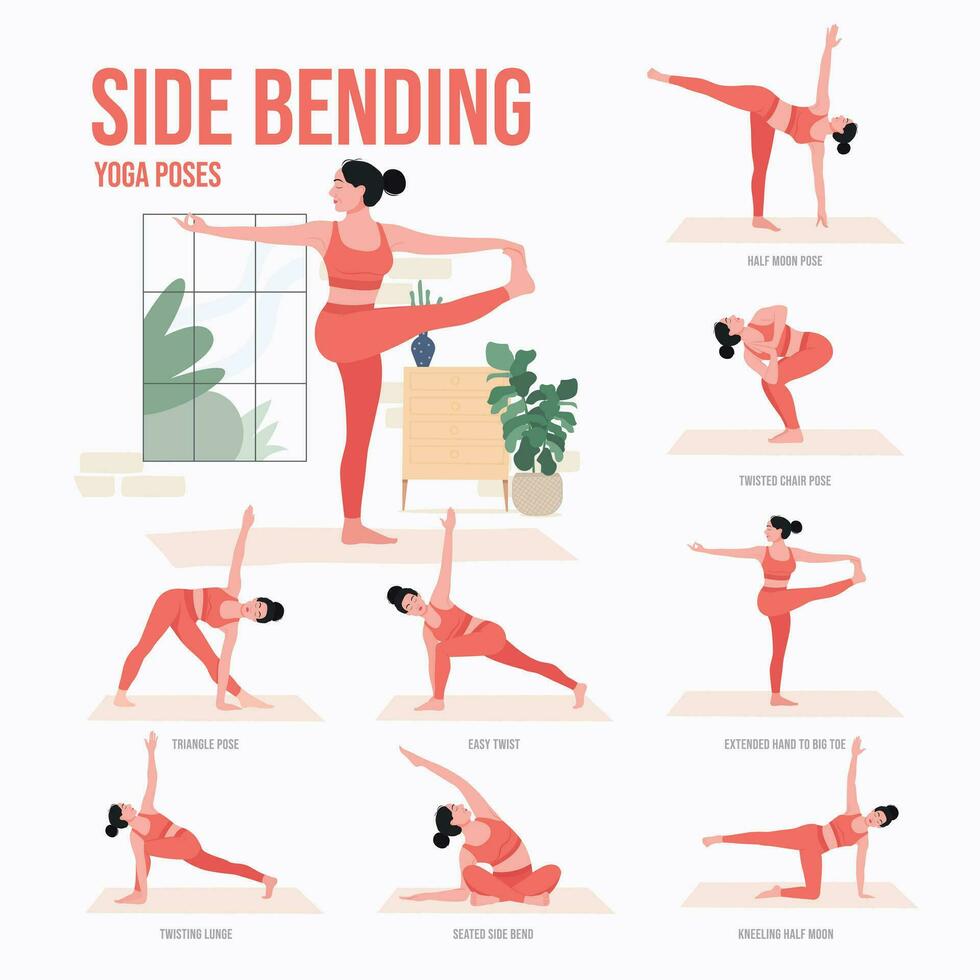 Side bending Yoga poses. Young woman practicing Yoga pose. Woman workout fitness, aerobic and exercises vector