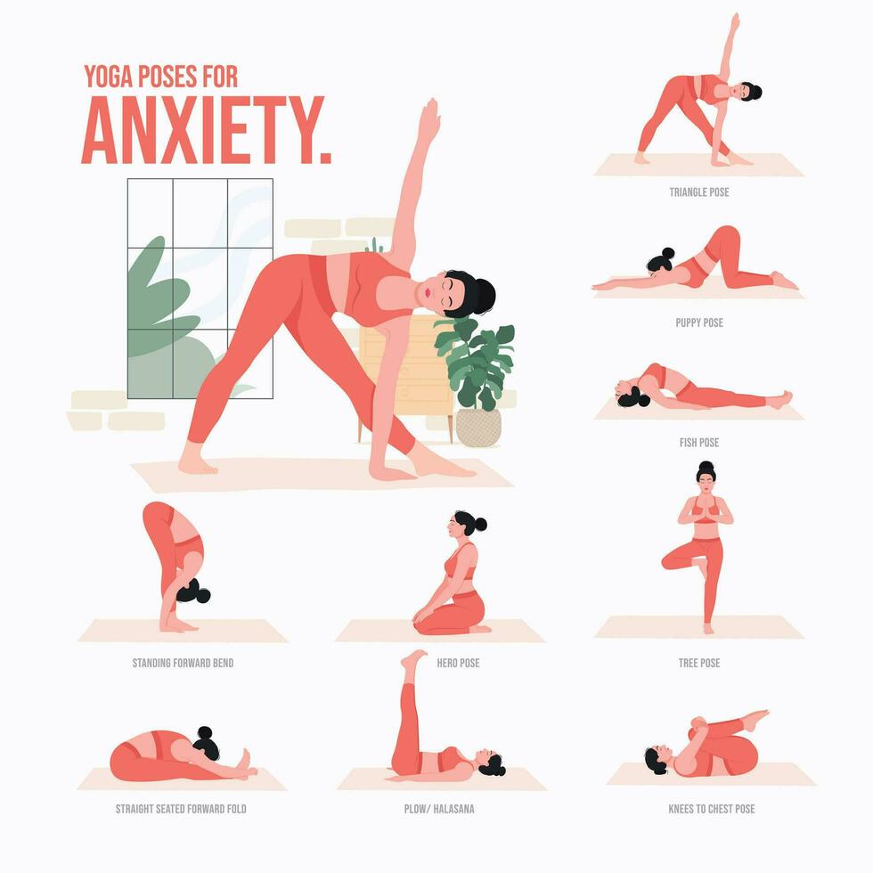 yoga poses para ansiedad. joven mujer practicando yoga pose. mujer rutina de ejercicio aptitud física, aerobio y ejercicios vector