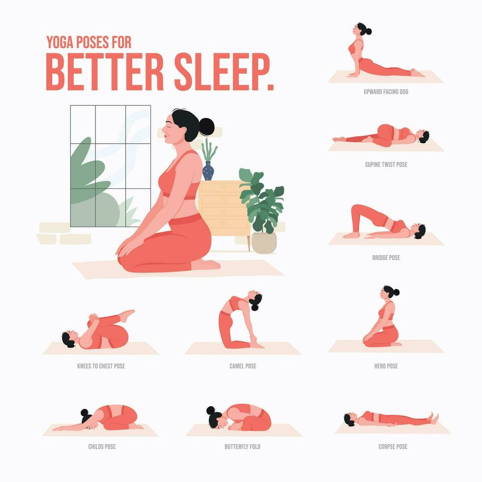 yoga poses para mejor dormir. joven mujer practicando yoga pose. mujer rutina de ejercicio aptitud física, aerobio y ejercicios vector