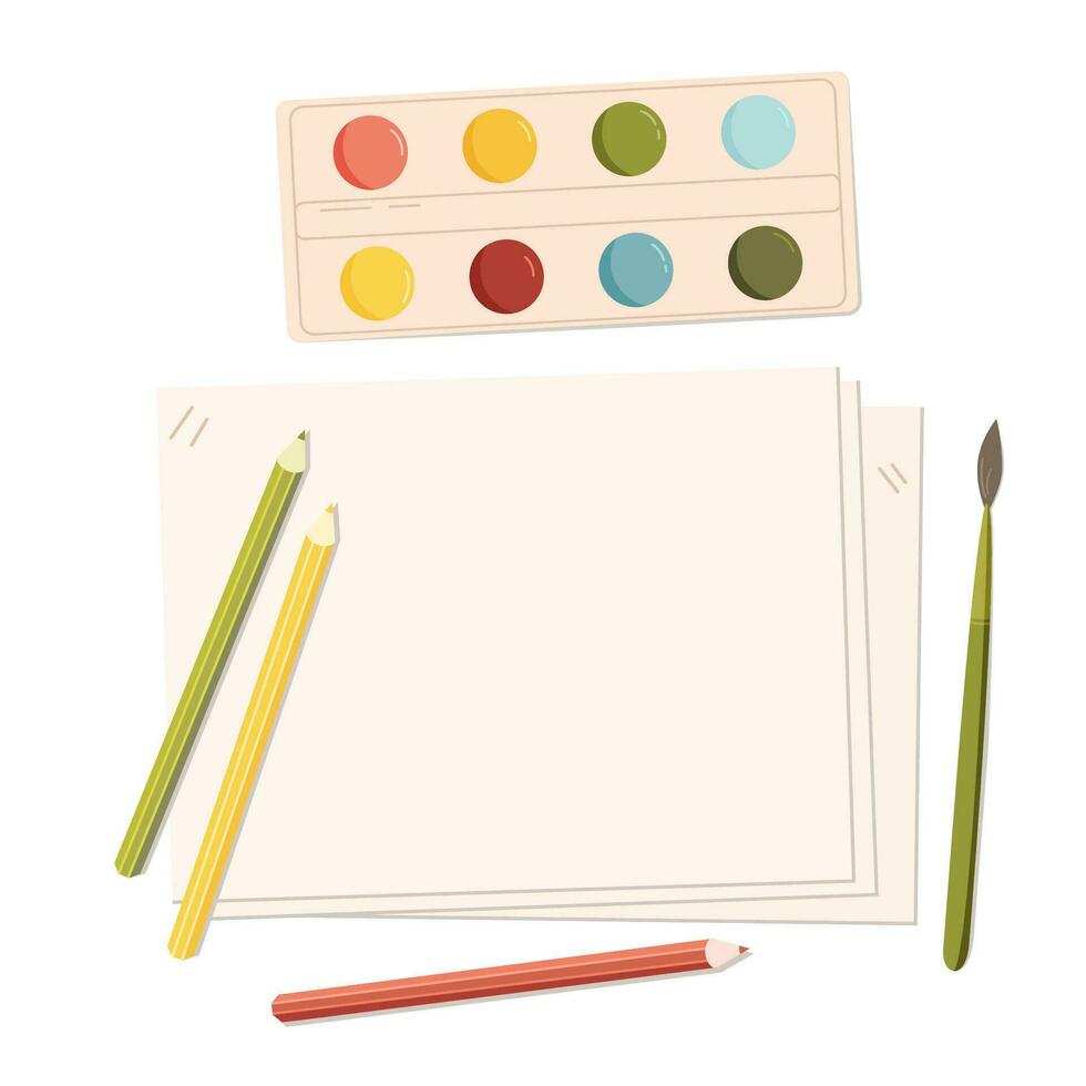 Painting supplies. Brush, colour pencils, watercolor, paper. Vector illustration of stationery isolated on white