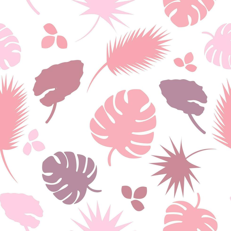 Vector seamless colorful exotic silhouettes tropical leaves pattern on white background. Pastel pink leaves stylish background, magic forest print