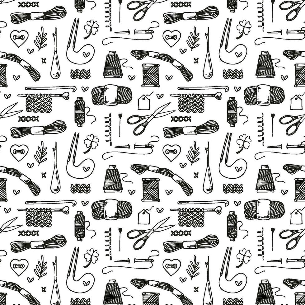 Seamless vector pattern with a handmade theme.  Knitting and embroidery objects.