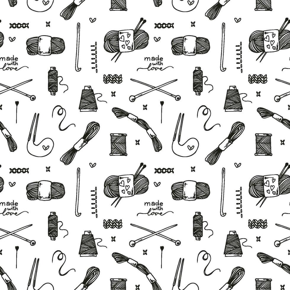 Seamless vector pattern with a handmade theme.  Knitting and embroidery objects.