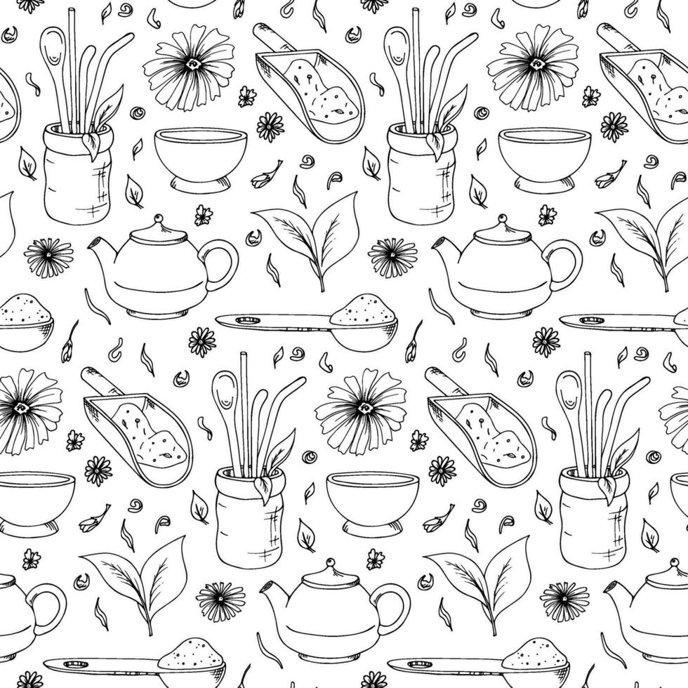 Seamless vector pattern with a tea party theme.  Japanese tea ceremony devices.