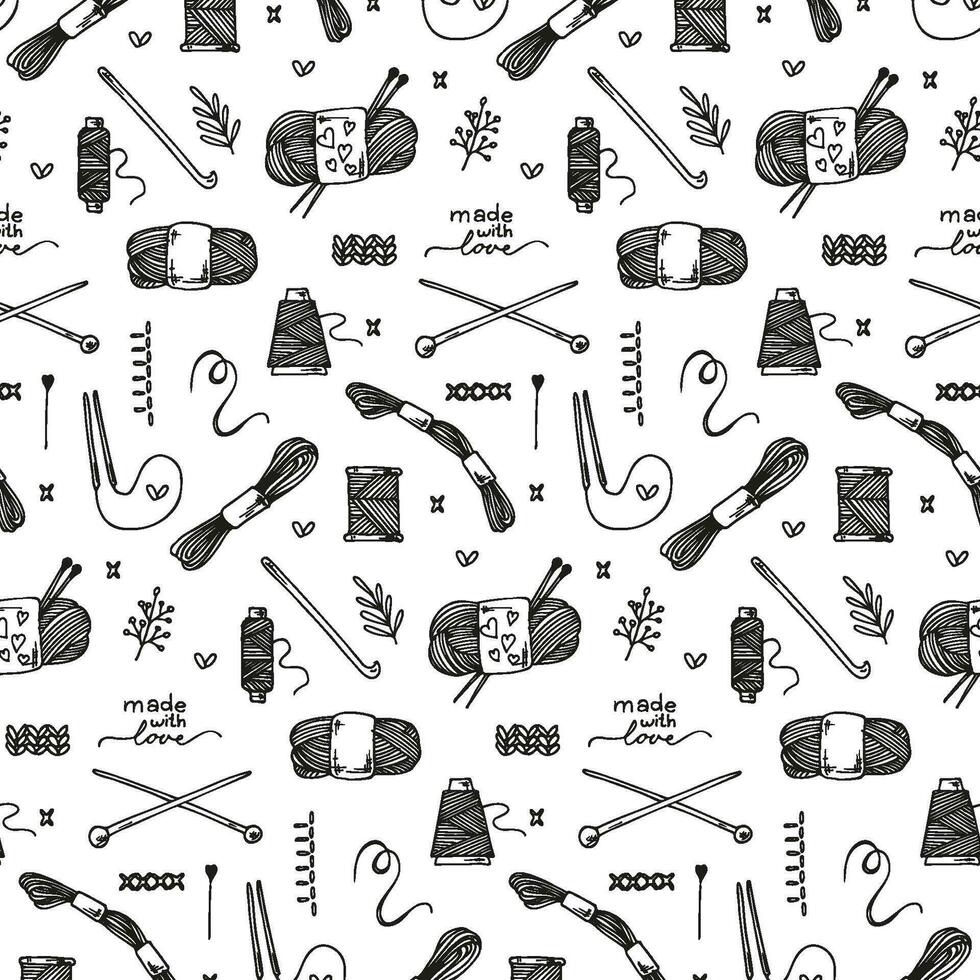 Seamless vector pattern with a handmade theme.  Knitting and embroidery objects.