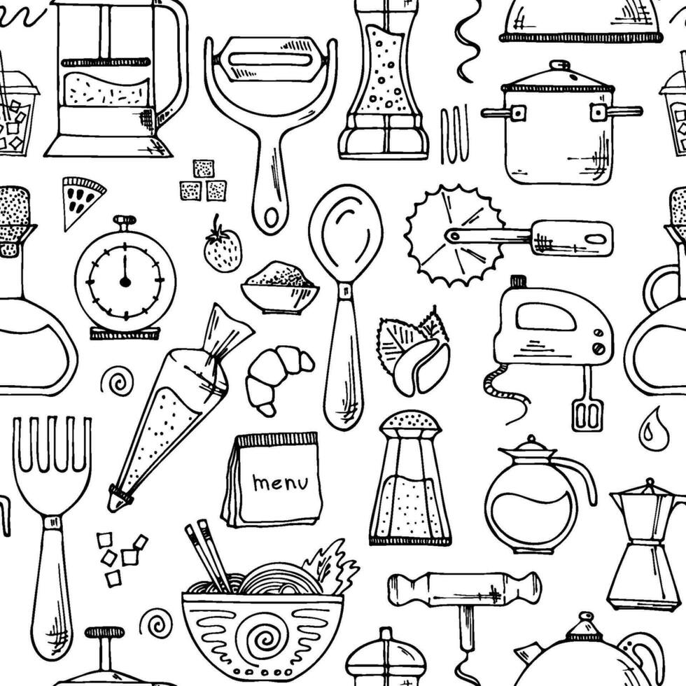 Seamless vector pattern with kitchen theme.  Kitchen utensils for cooking.