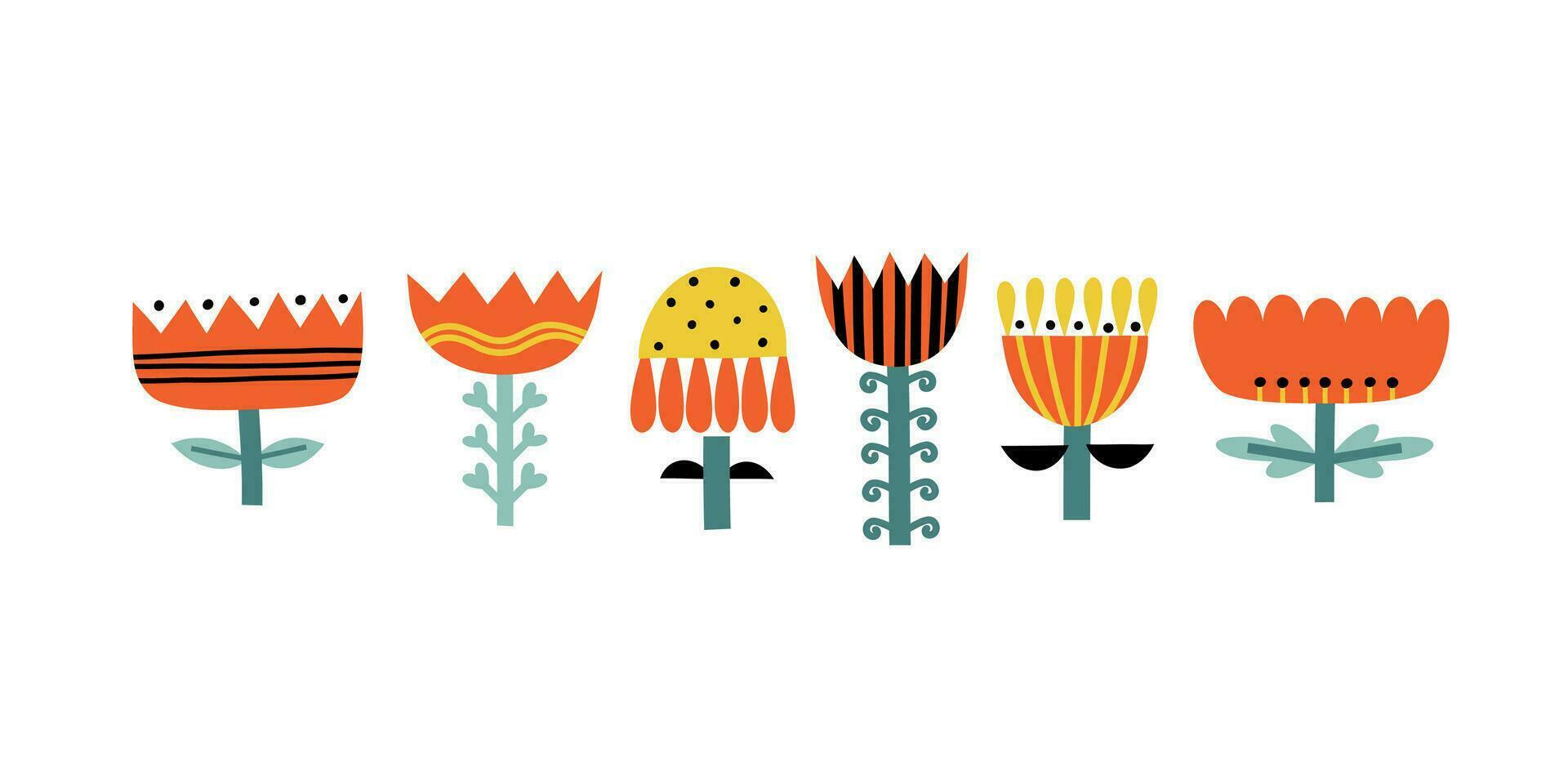 set with graphic flowers in flat style. vector illustration