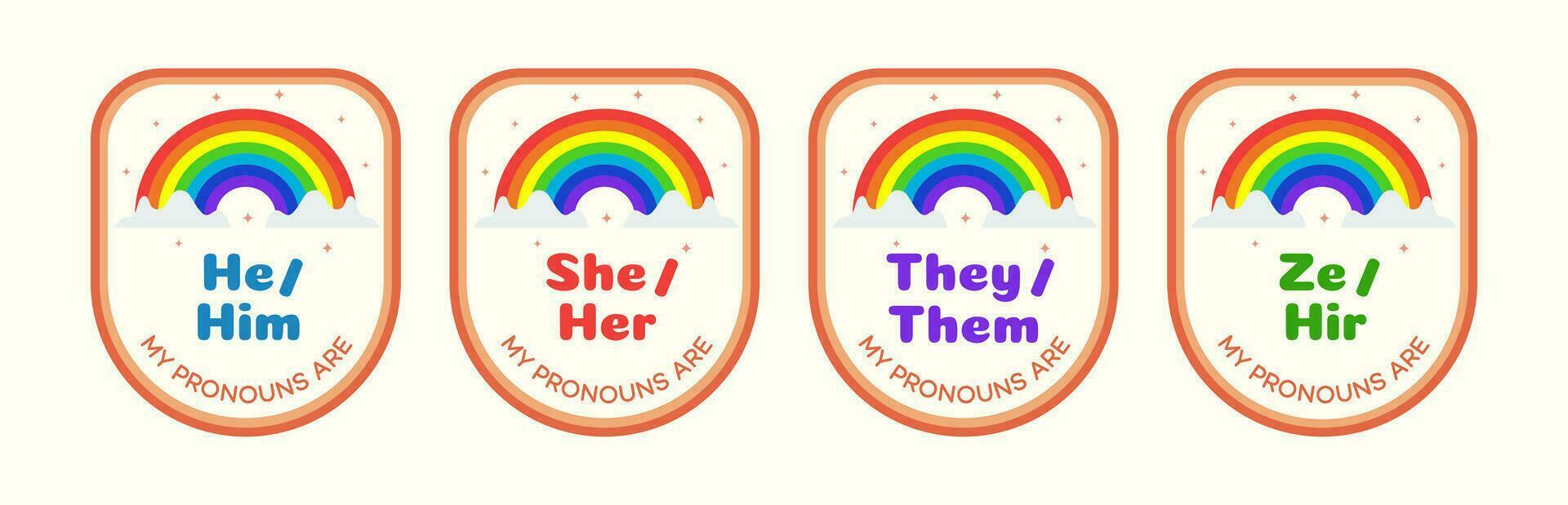 Pronouns sticker set with rainbow vector