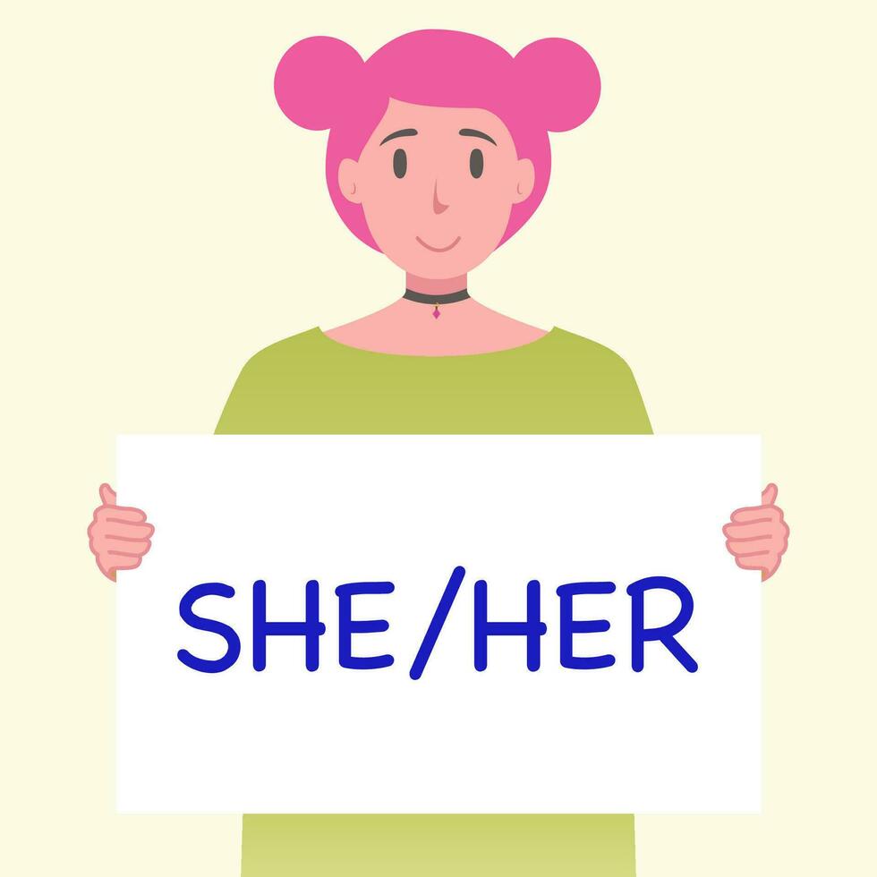 Pronouns human hand hold banner with sign she her vector