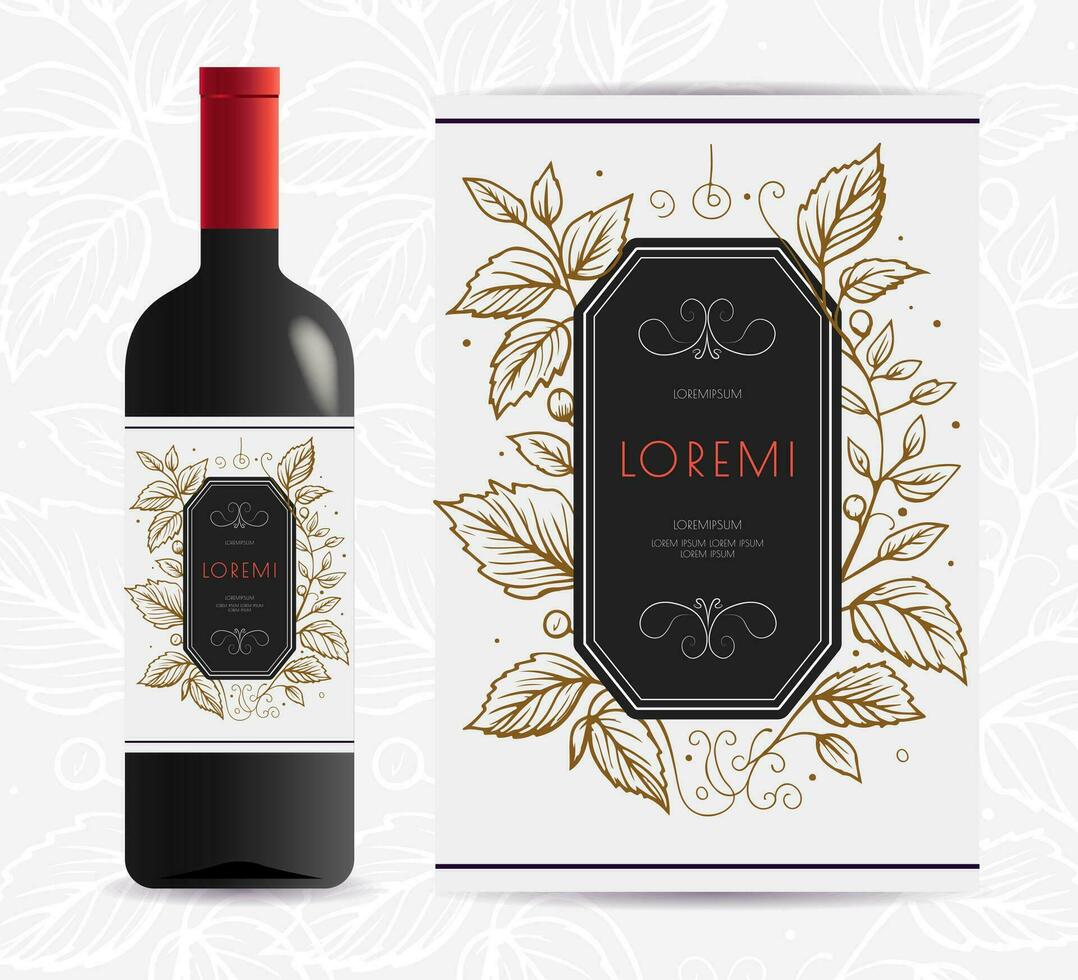 Vine bottle label hand draw leaves vector