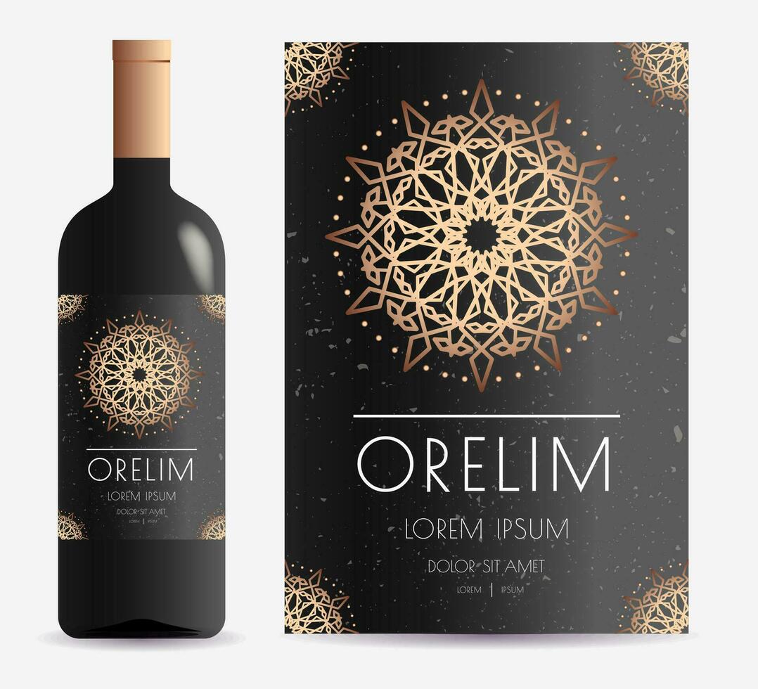 Vine label mandala gold style black background vector