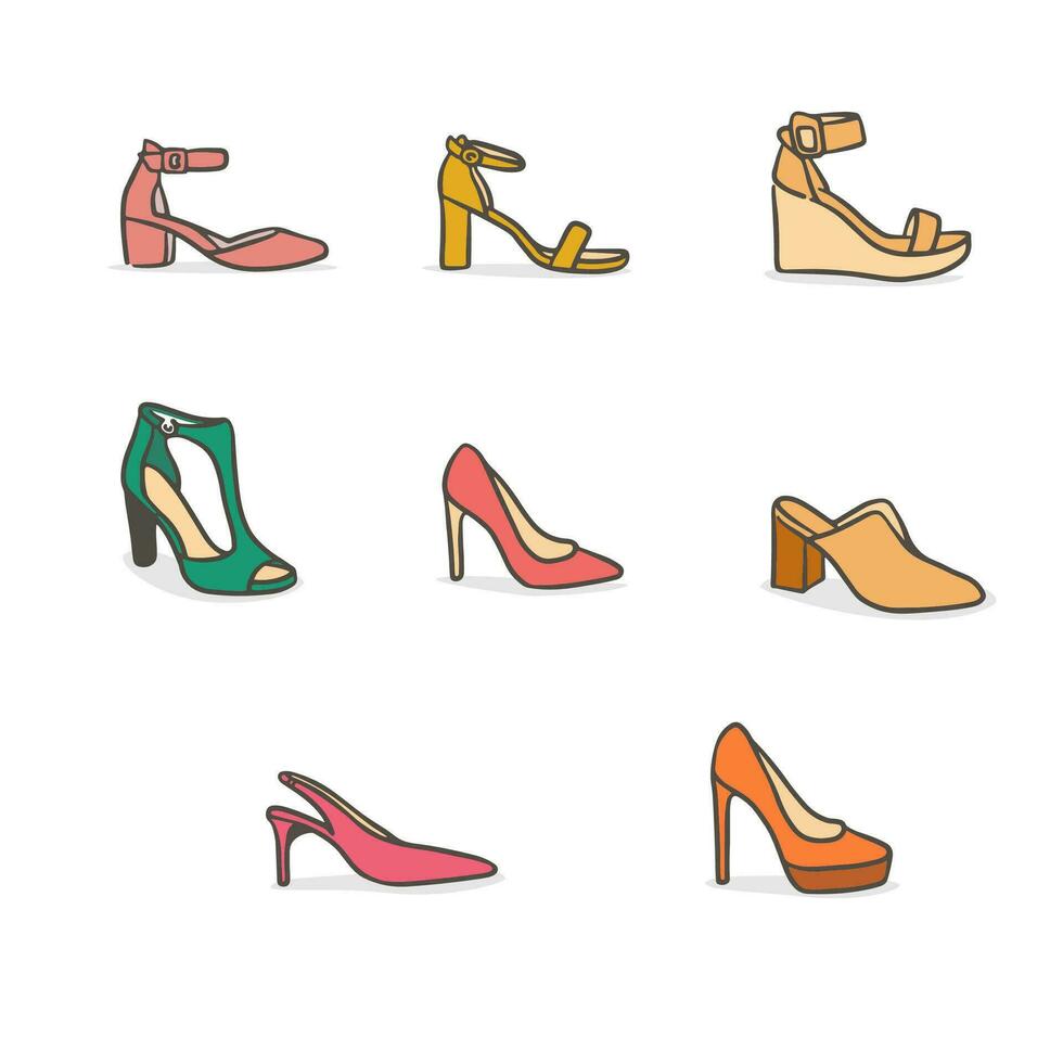 alto tacón Zapatos en diferente tipos de mujer. casual Moda formal calzado para mujer. vector plano dibujos animados estilo.