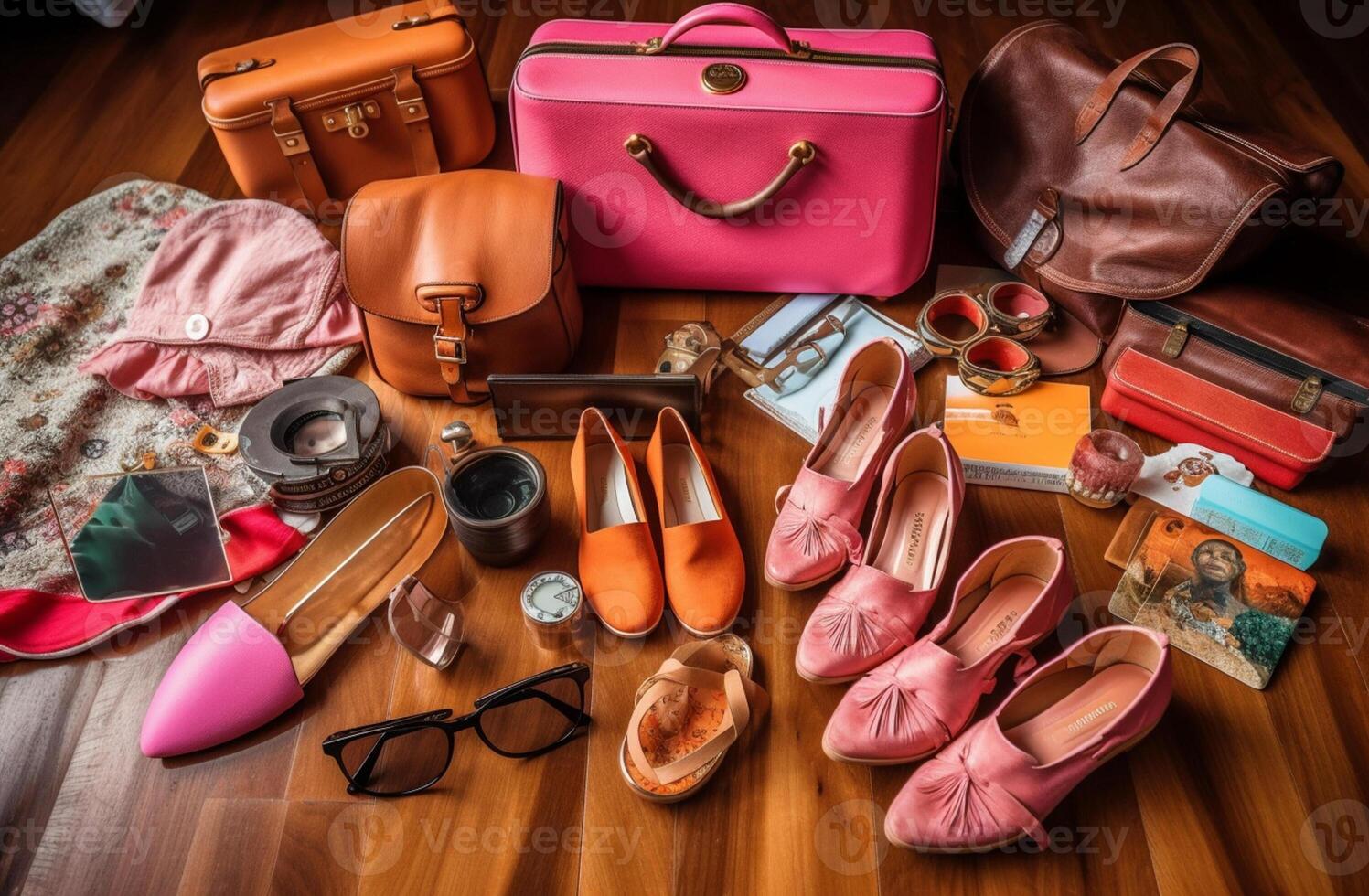 handbag and accessories on top of wooden table with photo