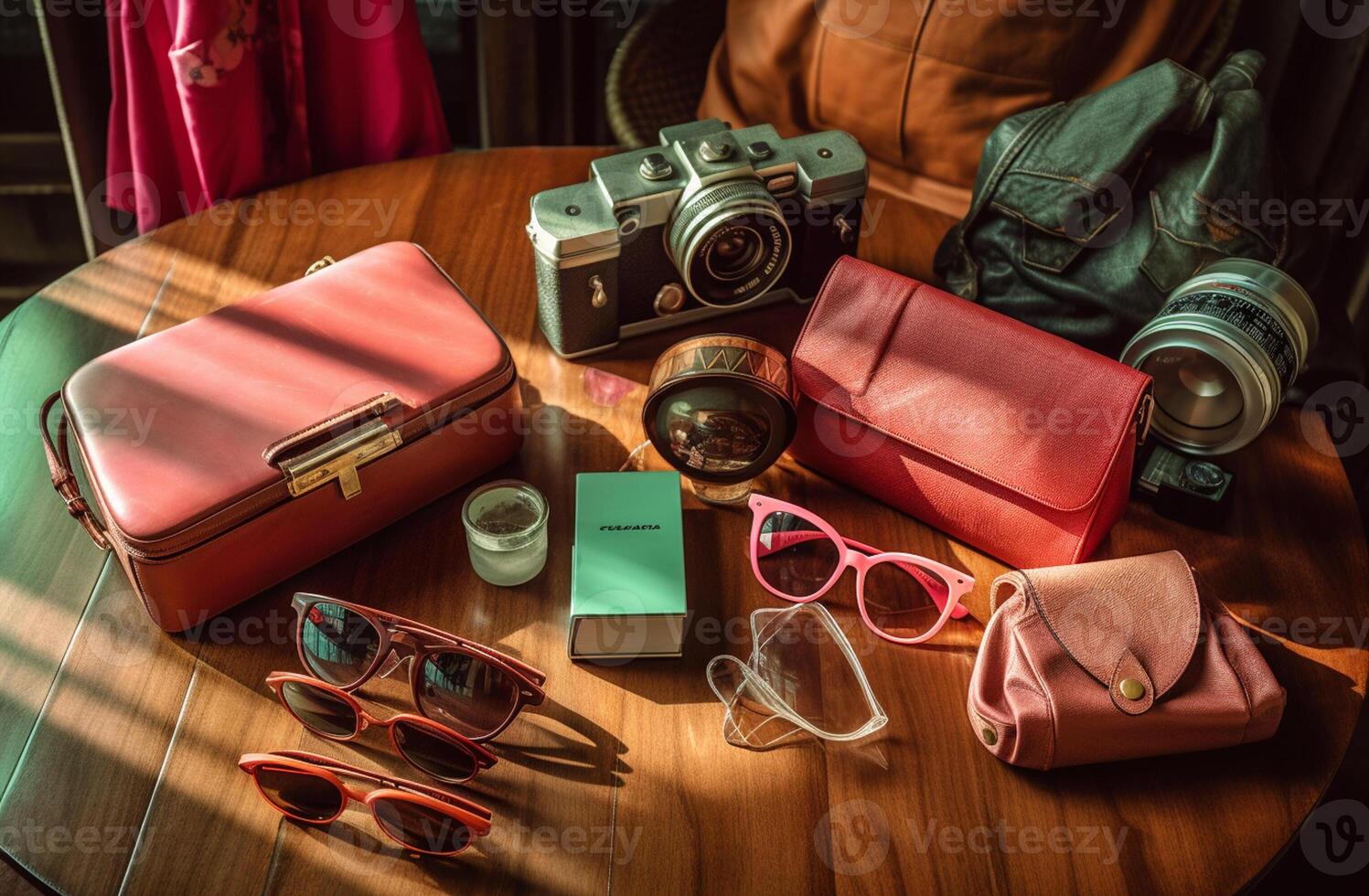 handbag and accessories on top of wooden table with photo