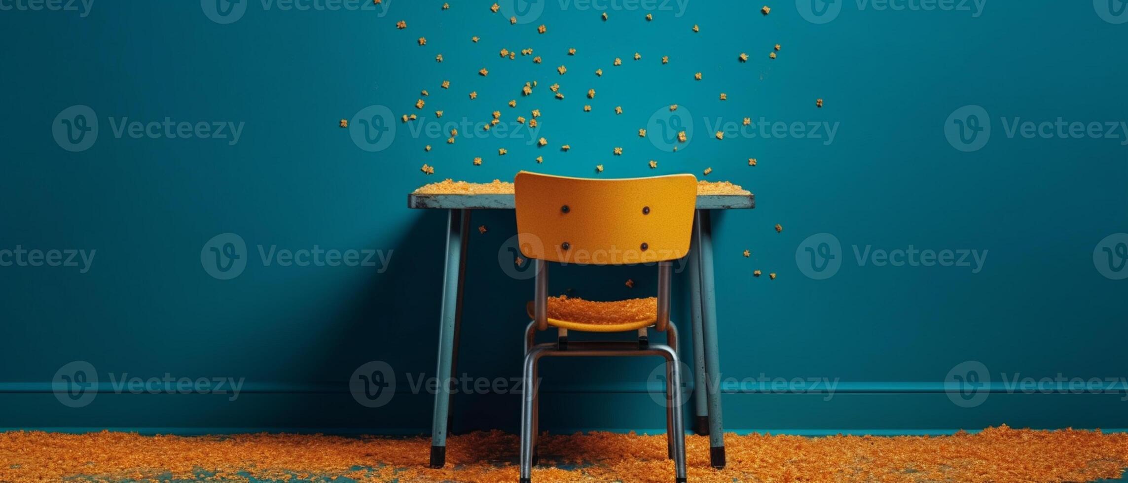 Table with chair and school bag in bright style with photo