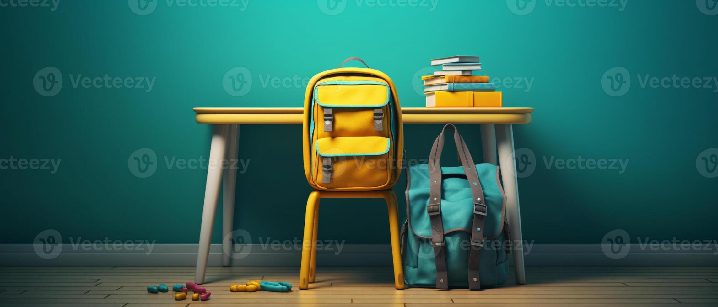 Table with chair and school bag in bright style with photo