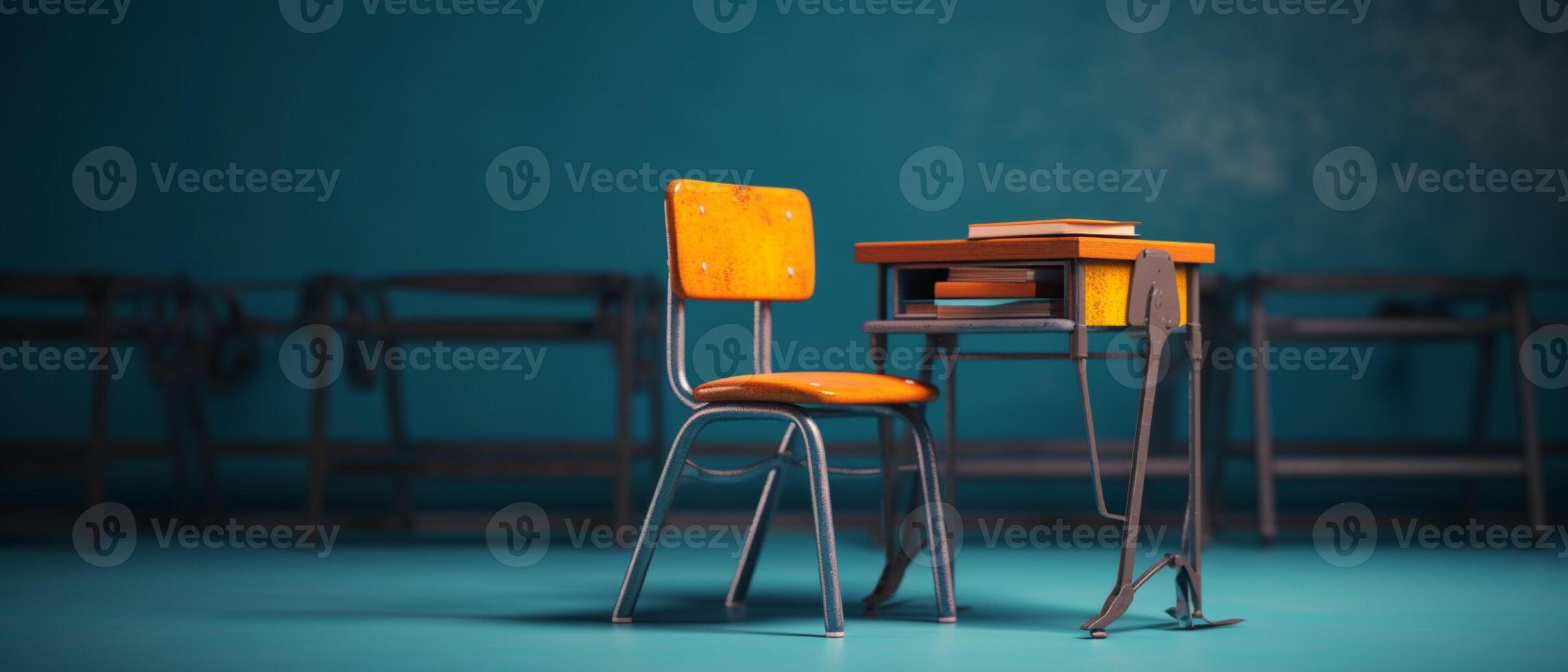 Table with chair and school bag in bright style with photo