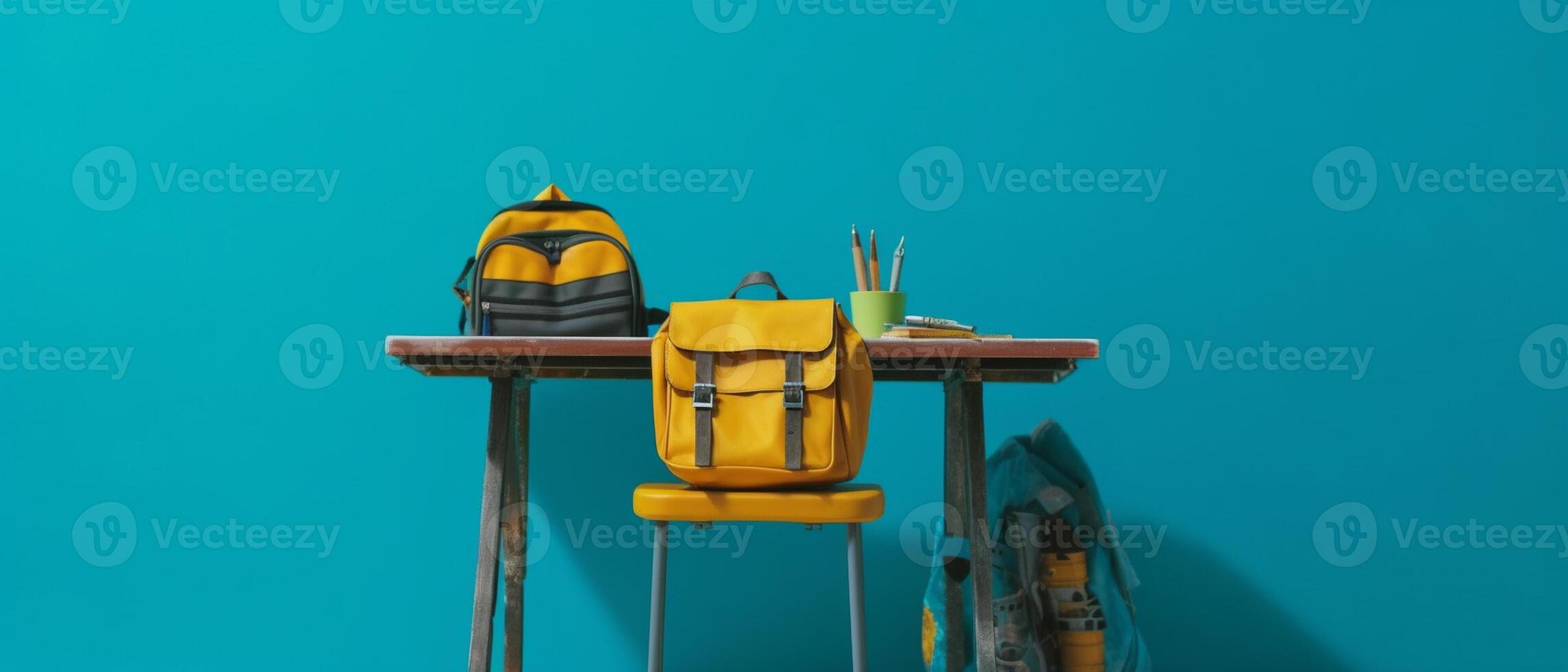 Table with chair and school bag in bright style with photo